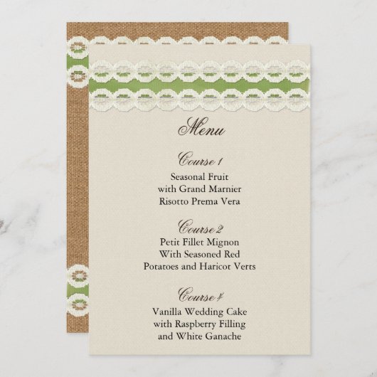 FAUX burlap en lace limoen country bruiloft Menu (Voorkant / Achterkant)