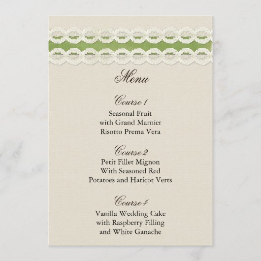 FAUX burlap en lace limoen country bruiloft Menu (Voorkant)