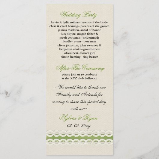 FAUX burlap en lace limoen country bruiloft Programmakaart (Achterkant)