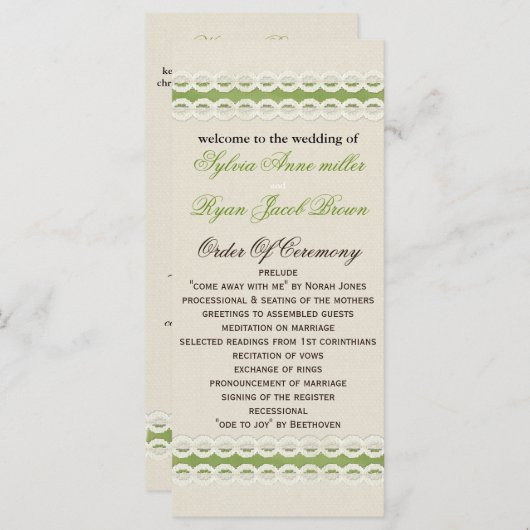 FAUX burlap en lace limoen country bruiloft Programmakaart (Voorkant / Achterkant)