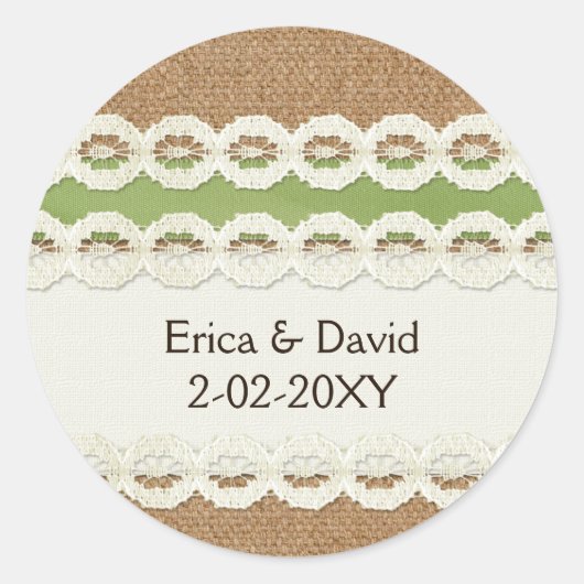 FAUX burlap en lace limoen country bruiloft Ronde Sticker (Voorkant)