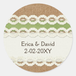 FAUX burlap en lace limoen country bruiloft Ronde Sticker