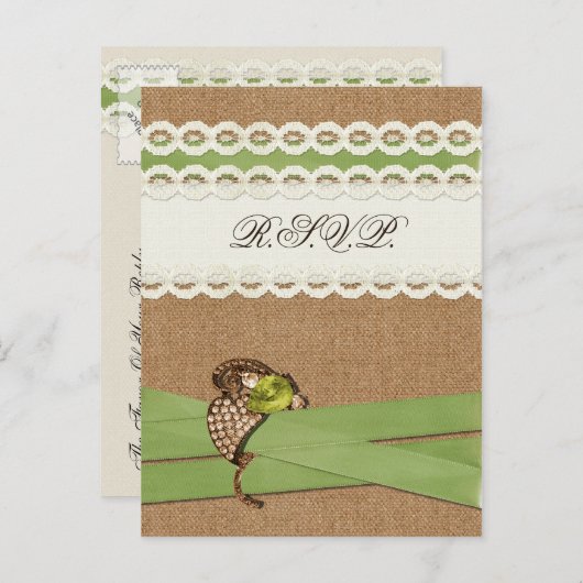 FAUX burlap en lace limoen country bruiloft Uitnodiging Briefkaart (Voorkant / Achterkant)