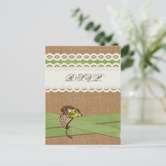 FAUX burlap en lace limoen country bruiloft Uitnodiging Briefkaart (Staand voorkant)