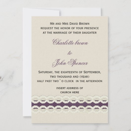 FAUX burlap en lace paarse country bruiloft Kaart (Achterkant)