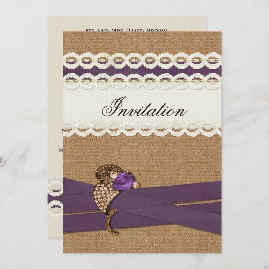 FAUX burlap en lace paarse country bruiloft Kaart (Voorkant / Achterkant)