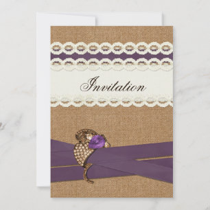 FAUX burlap en lace paarse country bruiloft Kaart