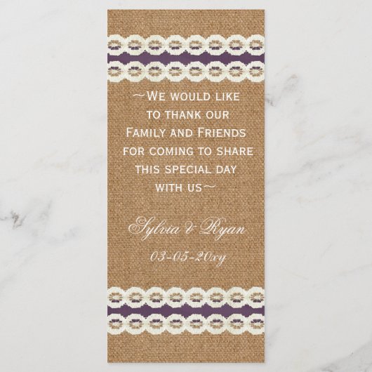 FAUX burlap en lace paarse country bruiloft Menu (Achterkant)