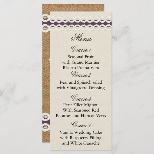 FAUX burlap en lace paarse country bruiloft Menu (Voorkant / Achterkant)
