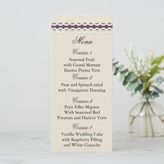 FAUX burlap en lace paarse country bruiloft Menu (Staand voorkant)