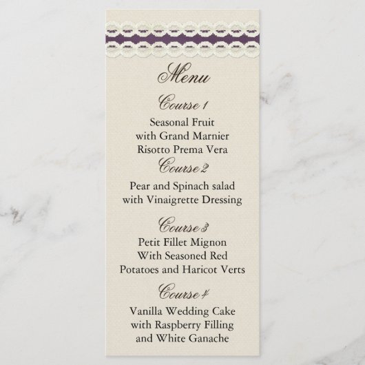 FAUX burlap en lace paarse country bruiloft Menu (Voorkant)