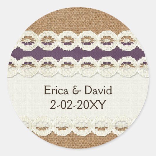 FAUX burlap en lace paarse country bruiloft Ronde Sticker (Voorkant)