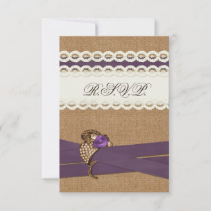 FAUX burlap en lace paarse country bruiloft RSVP Kaartje