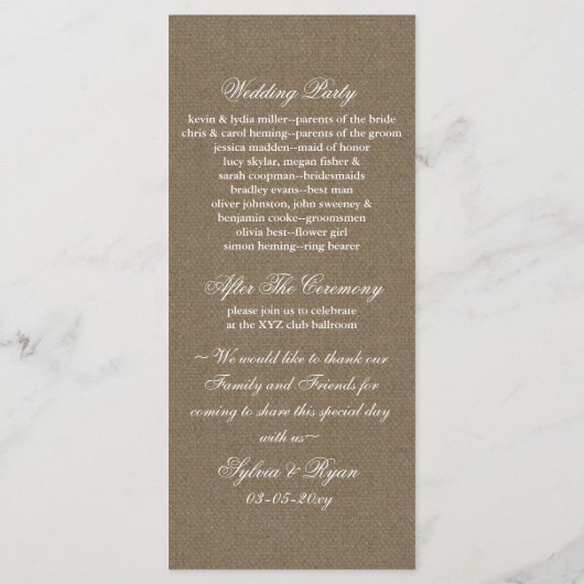 FAUX Burlap en marineblauwe kant Trouwprogramma Programmakaart (Achterkant)