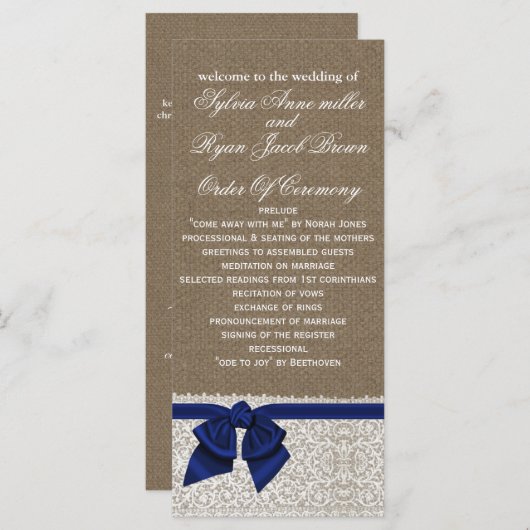 FAUX Burlap en marineblauwe kant Trouwprogramma Programmakaart (Voorkant / Achterkant)