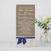 FAUX Burlap en marineblauwe kant Trouwprogramma Programmakaart (Staand voorkant)