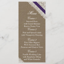 FAUX Burlap en paarse kant trouwkaart