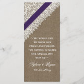 FAUX Burlap en paarse kant trouwkaart Menu (Achterkant)