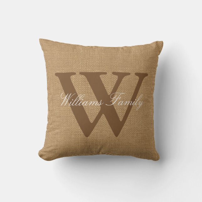 Faux Burlap Familienaam Monogram Sierkussen (Voorkant)