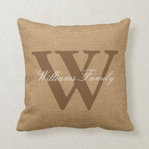 Faux Burlap Familienaam Monogram Sierkussen