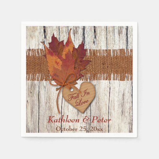 FAUX Burlap, hout, bladeren, hart bruiloft servett Servet (Voorkant)