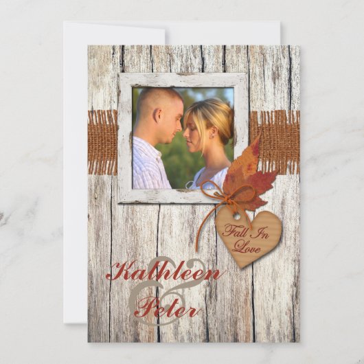 FAUX Burlap, Hout, Bladeren, Hart FOTO Huwelijk Kaart (Voorkant)