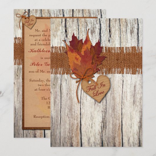 FAUX Burlap, Hout, Bladeren, Heart Wedding Invite Kaart (Voorkant / Achterkant)
