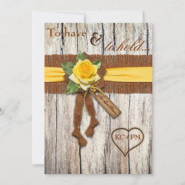 FAUX Burlap, Hout, Yellow Rose Wedding Invitation Kaart