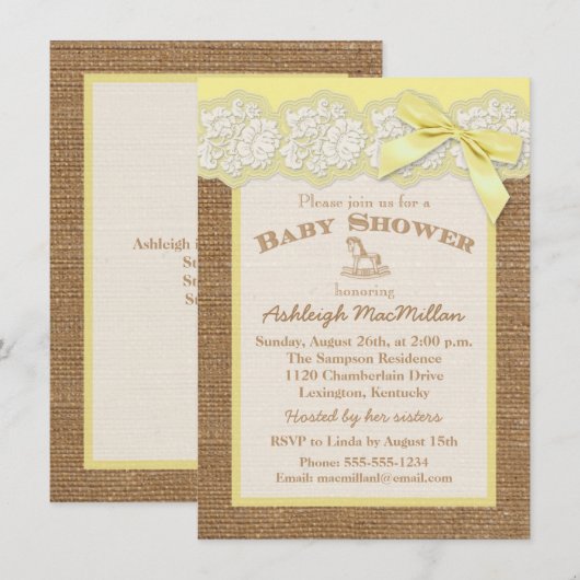 FAUX Burlap Ivoren kant, Geel Baby shower Uitnodig Kaart (Voorkant / Achterkant)