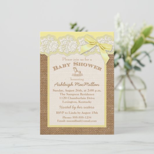FAUX Burlap Ivoren kant, Geel Baby shower Uitnodig Kaart (Staand voorkant)