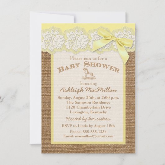 FAUX Burlap Ivoren kant, Geel Baby shower Uitnodig Kaart (Voorkant)