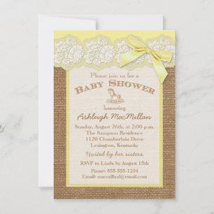 FAUX Burlap Ivoren kant, Geel Baby shower Uitnodig Kaart