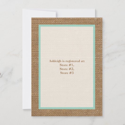 FAUX Burlap Ivory Lace, Aqua Baby shower nodigt ui Kaart (Achterkant)