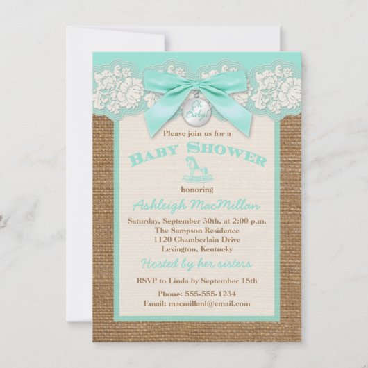 FAUX Burlap Ivory Lace, Aqua Baby shower nodigt ui Kaart (Voorkant)