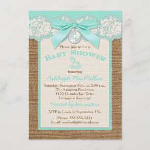 FAUX Burlap Ivory Lace, Aqua Baby shower nodigt ui Kaart