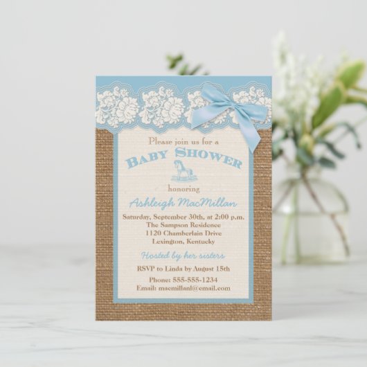 FAUX Burlap Ivory Lace, Blue Baby shower Invite 2 Kaart (Staand voorkant)