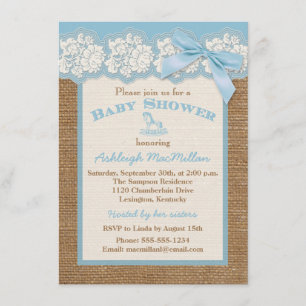 FAUX Burlap Ivory Lace, Blue Baby shower Invite 2 Kaart