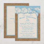 FAUX Burlap Ivory Lace, Blue Baby shower Invite Kaart (Voorkant / Achterkant)