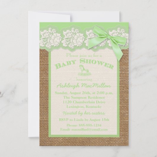 FAUX Burlap Ivory Lace, Green Baby shower Invite Kaart (Voorkant)