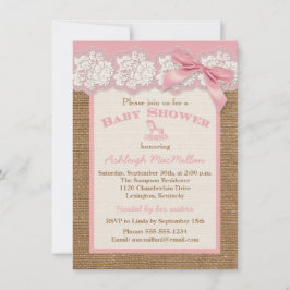 FAUX Burlap Ivory Lace, Roze Baby shower nodigt 2  Kaart