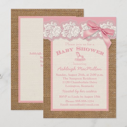 FAUX Burlap Ivory Lace, Roze Baby shower nodigt ui Kaart (Voorkant / Achterkant)