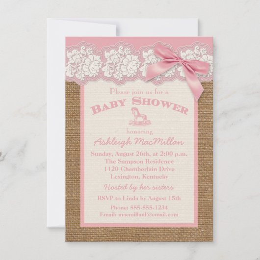 FAUX Burlap Ivory Lace, Roze Baby shower nodigt ui Kaart (Voorkant)