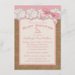 FAUX Burlap Ivory Lace, Roze Baby shower nodigt ui Kaart