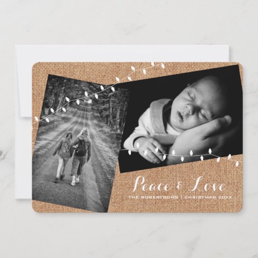 Faux Burlap-kerstfoto's lichten vrede en liefde Feestdagenkaart (Voorkant)