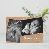 Faux Burlap-kerstfoto's lichten vrede en liefde Feestdagenkaart (Staand voorkant)