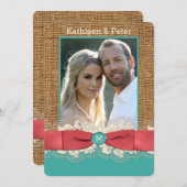 FAUX Burlap Lace Bow PHOTO Wedding Invite, Aqua 2 Kaart (Voorkant / Achterkant)