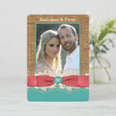 FAUX Burlap Lace Bow PHOTO Wedding Invite, Aqua 2 Kaart (Staand voorkant)