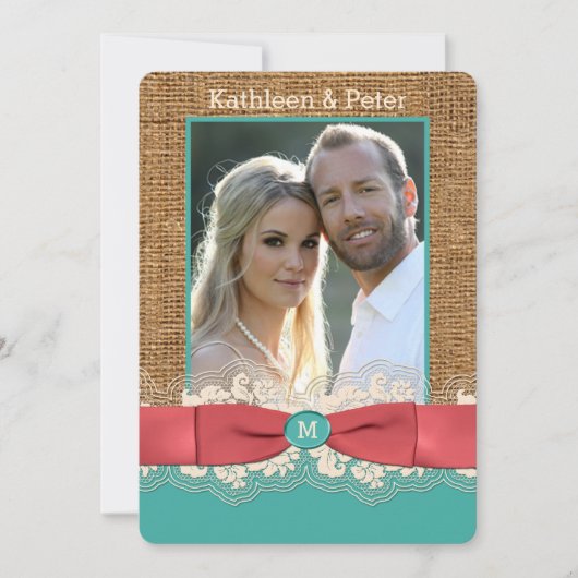 FAUX Burlap Lace Bow PHOTO Wedding Invite, Aqua 2 Kaart (Voorkant)