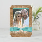 FAUX Burlap, Lace, Bow PHOTO Wedding Invite - Aqua Kaart (Staand voorkant)