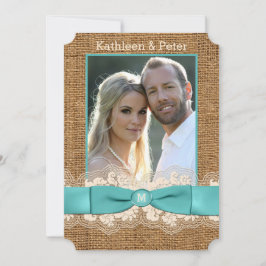 FAUX Burlap, Lace, Bow PHOTO Wedding Invite - Aqua Kaart
